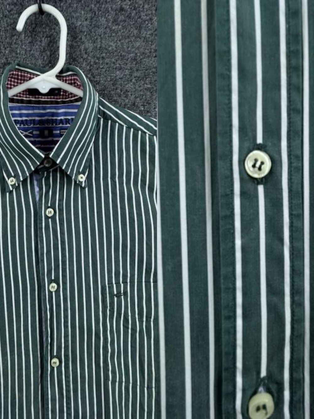 Paul & Shark 40 Striped Button-Down Green Men Cotton Pocket Shirt Nautical Woven